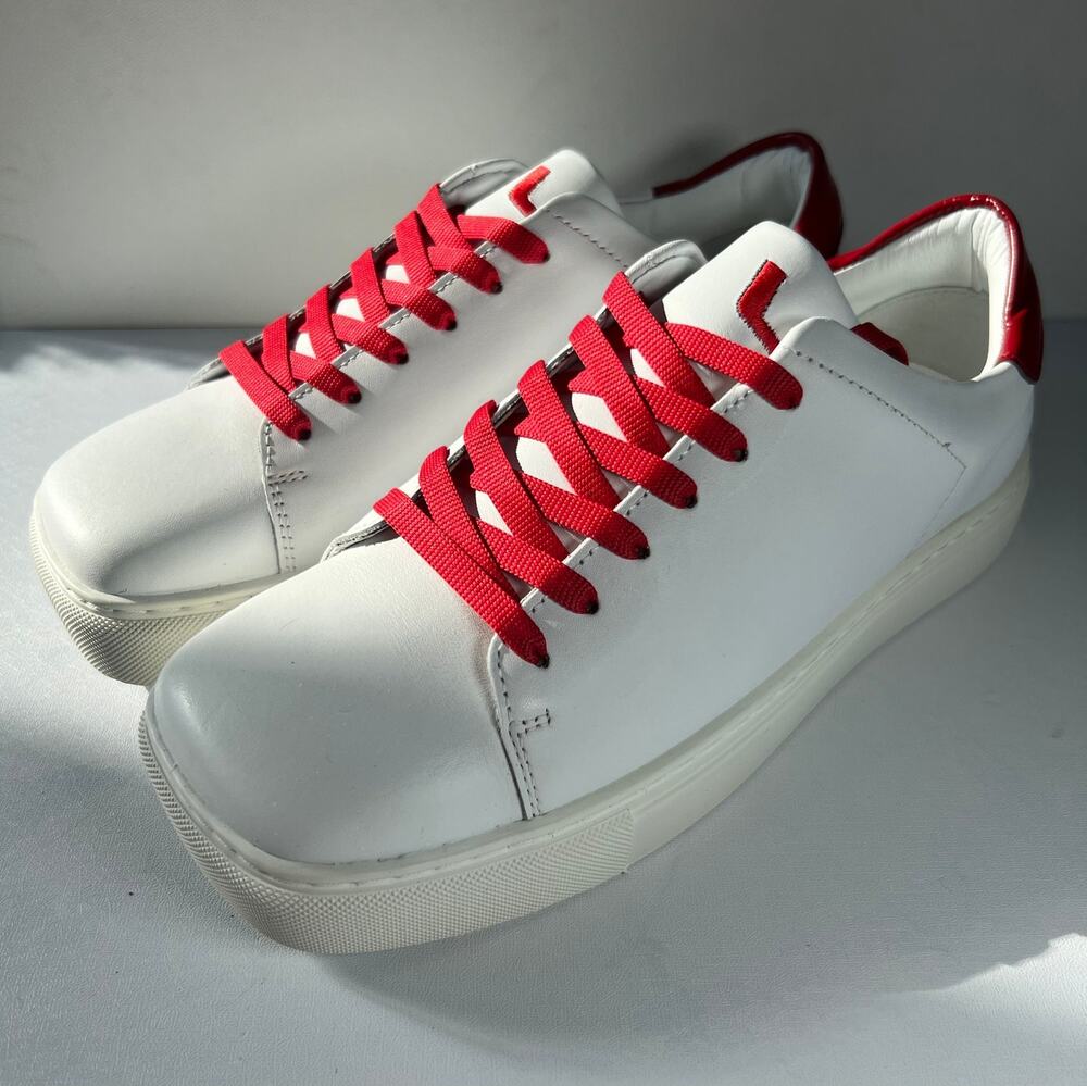 Joshua Sanders Square Toe Leather Sneakers White Red Laces New Womens Size 7.5